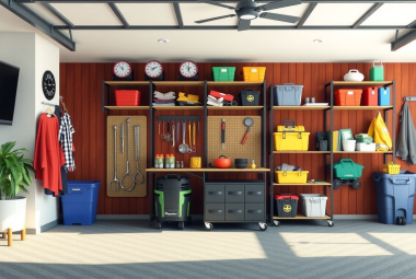 garage organization system with labeled storage bins, wall-mounted tools, and clean decluttered space showing a step-by-step transformation into an efficient, tidy garage